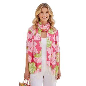 Lilly Pulitzer Murphree Silk Cashmere Pink Floral Fringe Scarf  Wrap 27"x82"